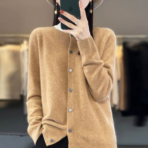 Fashion Merino Wool Cardigan Sweater Women O-Neck Long-sleeve Cashmere