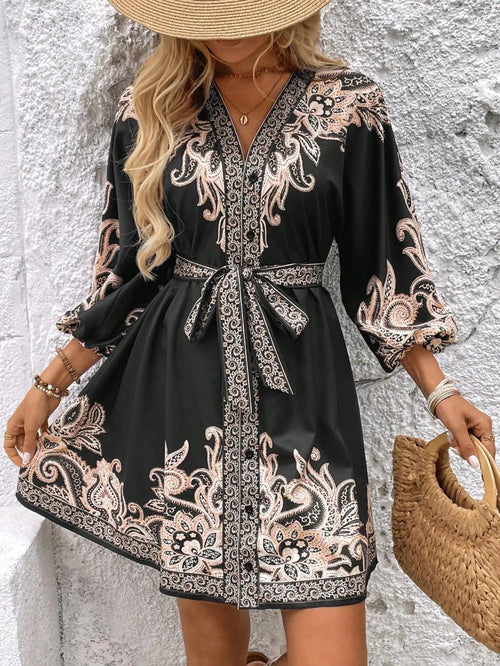 Paisley V-Neck 3/4 Sleeve Mini Dress
