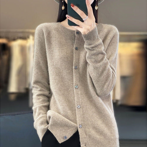Fashion Merino Wool Cardigan Sweater Women O-Neck Long-sleeve Cashmere