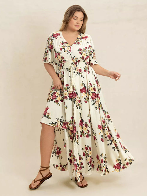 Plus Size Floral Flutter Sleeve Maxi Dress with Button Front