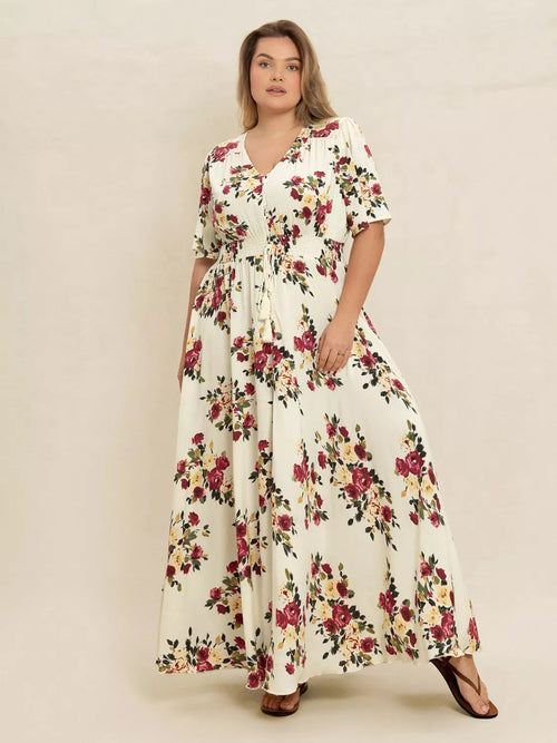 Plus Size Floral Flutter Sleeve Maxi Dress with Button Front