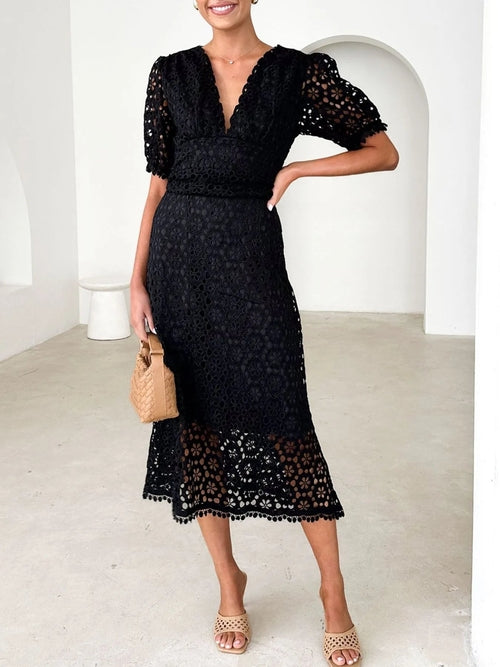 Eyelet Lace V-Neck Midi Dress with Puff Sleeves
