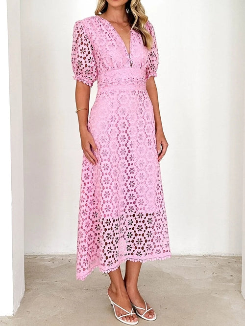 Eyelet Lace V-Neck Midi Dress with Puff Sleeves