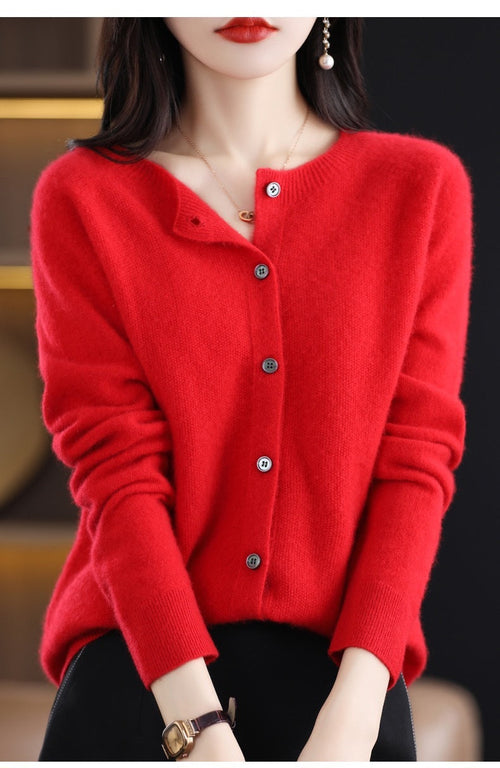 Fashion Merino Wool Cardigan Sweater Women O-Neck Long-sleeve Cashmere