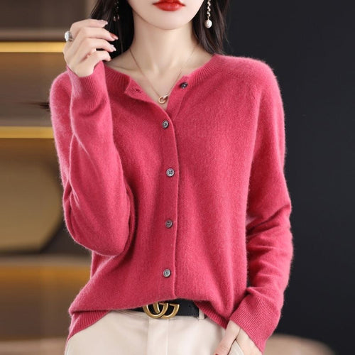 Fashion Merino Wool Cardigan Sweater Women O-Neck Long-sleeve Cashmere