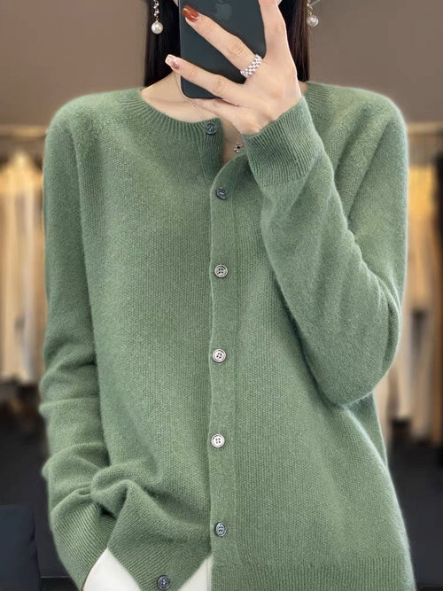 Fashion Merino Wool Cardigan Sweater Women O-Neck Long-sleeve Cashmere