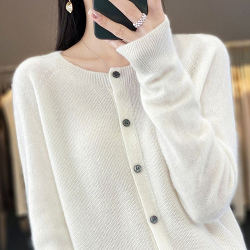 Fashion Merino Wool Cardigan Sweater Women O-Neck Long-sleeve Cashmere